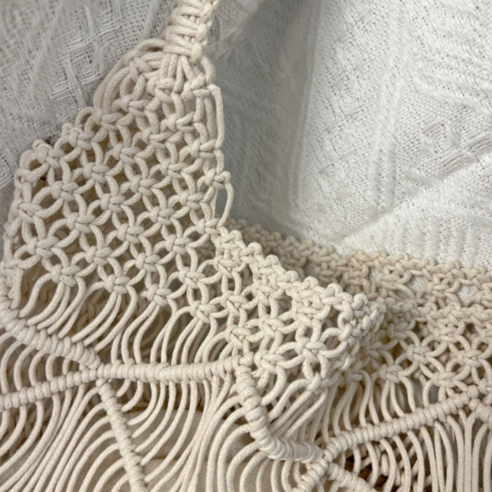 Open Weave Waxed Rope Beach Bag Large Straw Tote N6F116