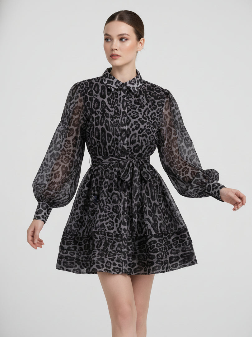 Leopard Print Chiffon Dress with Lapel and Puff Sleeve N6C192