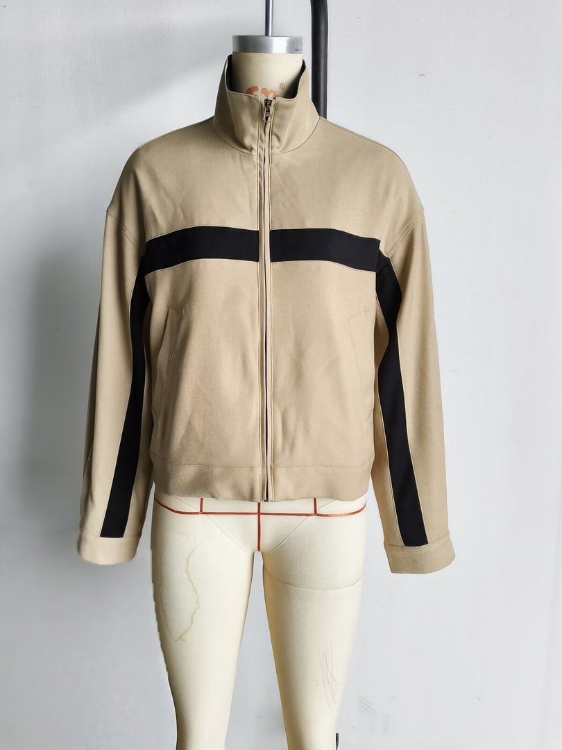 Loose Colorblock Stand Collar Zip Jacket Women Khaki N6H126