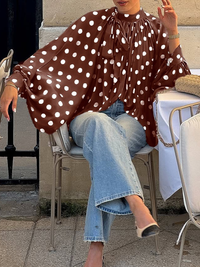 Polka Dot Tie Neck Semi-Sheer Blouse Women N6D212