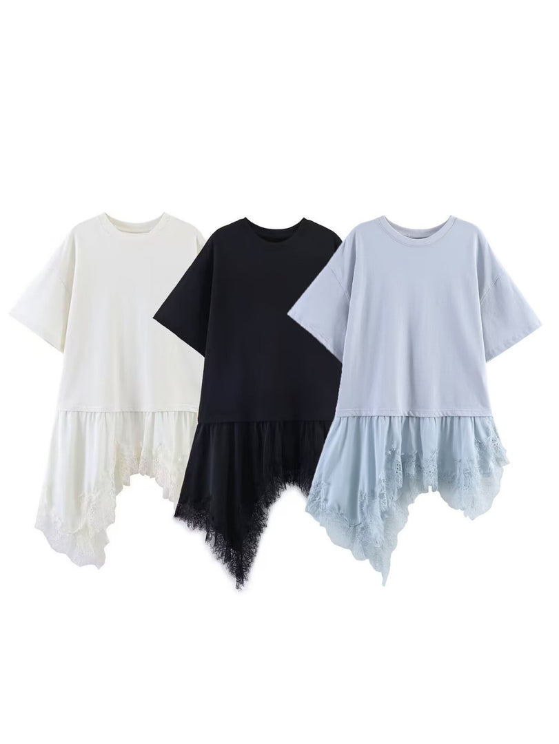 Lace Trim Relaxed Fit Short Sleeve T-shirt Women N6D130