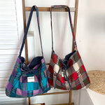Load image into Gallery viewer, Women's Plaid Denim Tie-Closure Tote Bag N6J203