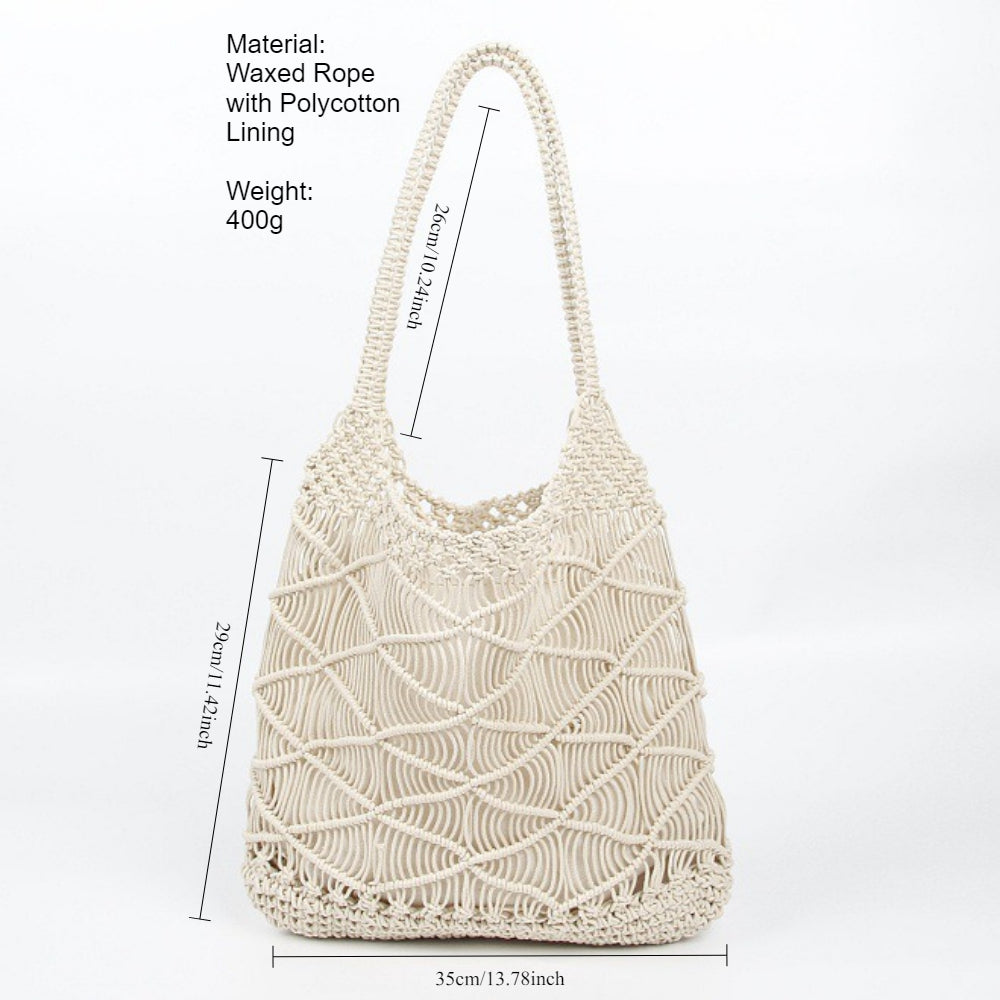 Open Weave Waxed Rope Beach Bag Large Straw Tote N6F116