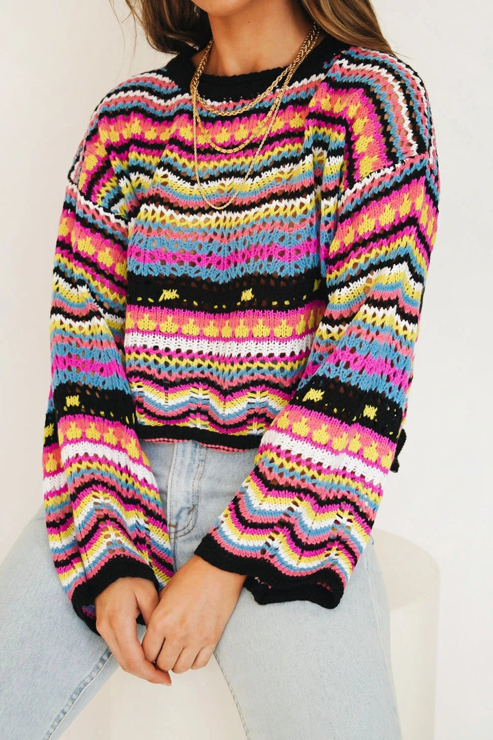 Striped Color-Block Loose Round Neck Pullover Sweater N6H303