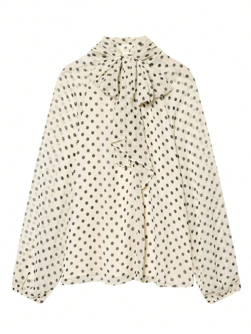 French Polka Dot Tie Front Blouse Women N6E144