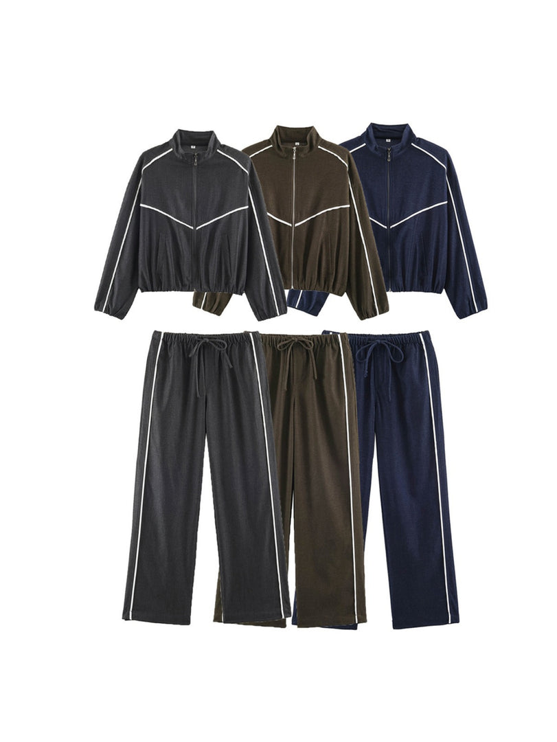 Colorblock Trim Stand Collar Jacket & Pants Set Women N6H129