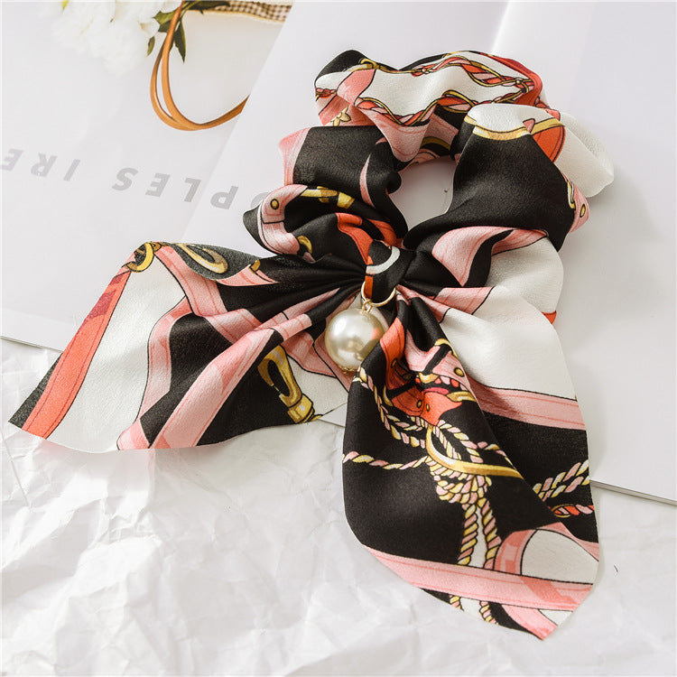 Pearl Pendant Big Scrunchie Bow Hair Tie Women N6H192