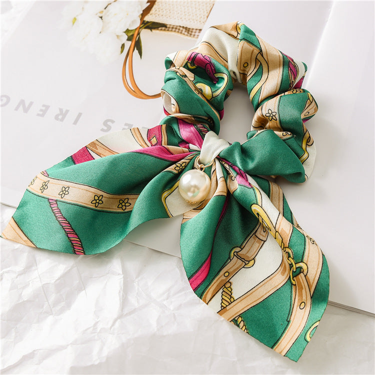 Pearl Pendant Big Scrunchie Bow Hair Tie Women N6H192