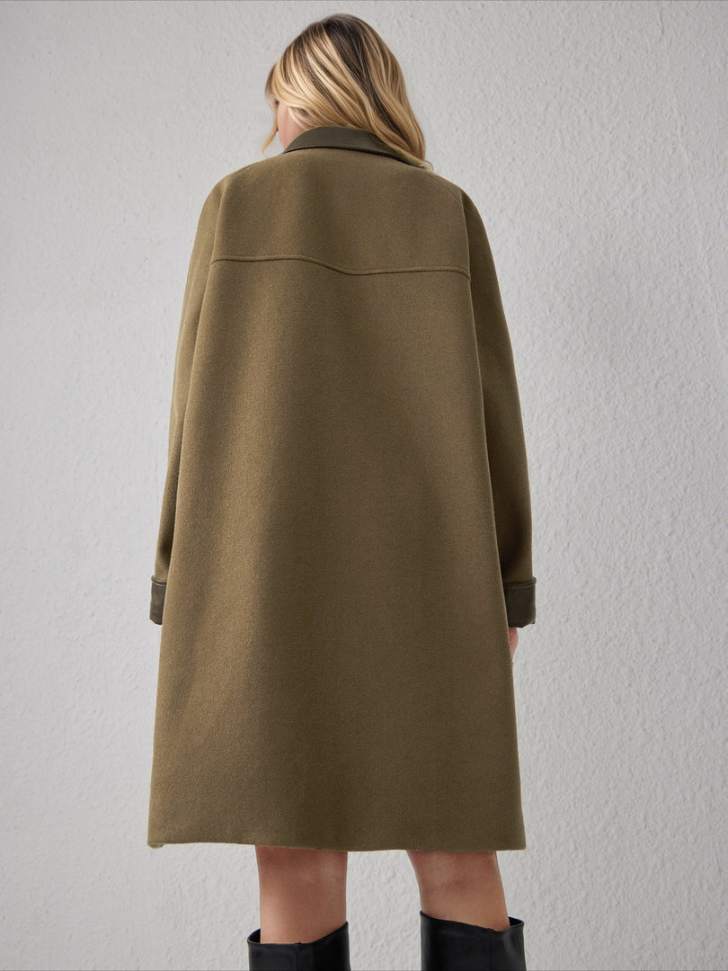 Elegant Contrast Trim Notch Lapel Medium Coat Women N6H041