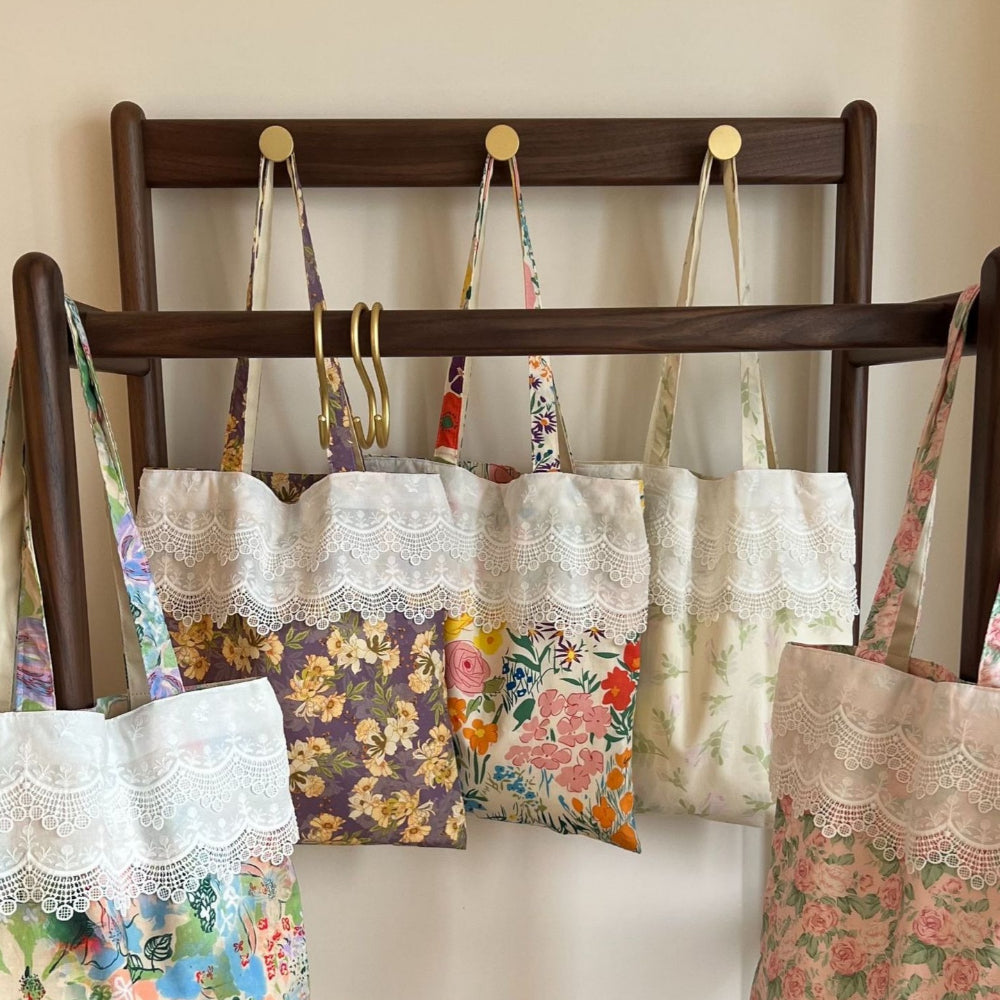 Floral Lace Trim Canvas Tote Bag Women Book Bag N6E036