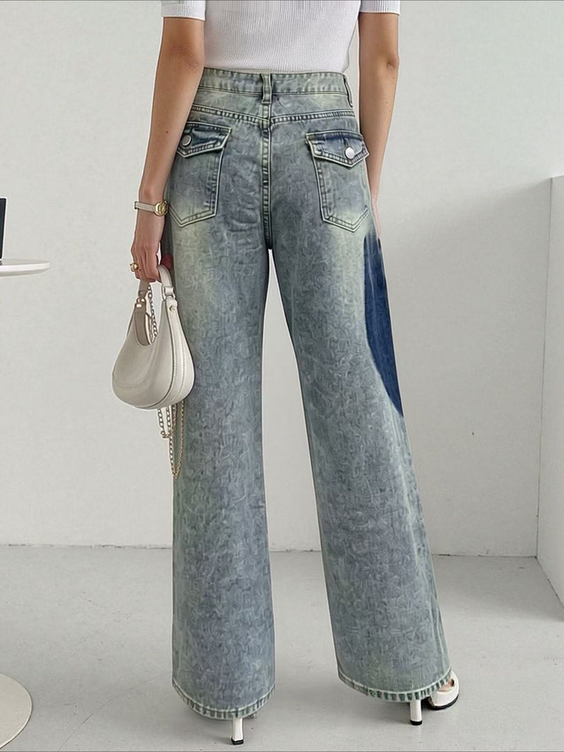 Patchwork Heart Detail Straight Leg Denim Jeans Women N6D163