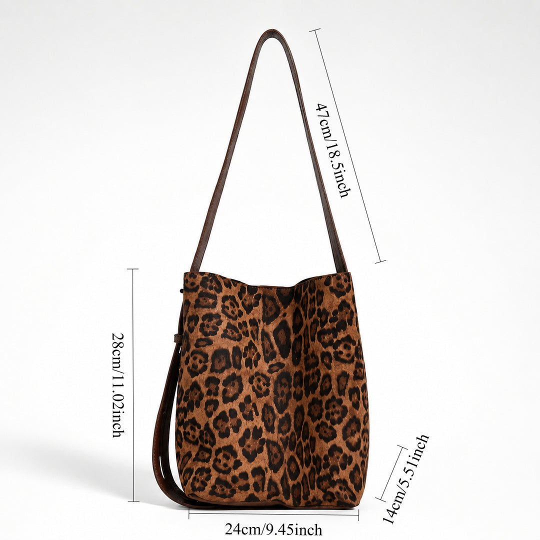 Women's Suede Leopard Print Bucket Shoulder Bag N6J114