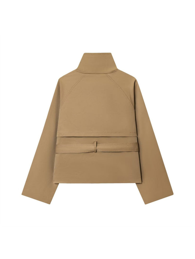 Solid Stand Collar Belted Jacket Women Long Sleeve N6G165