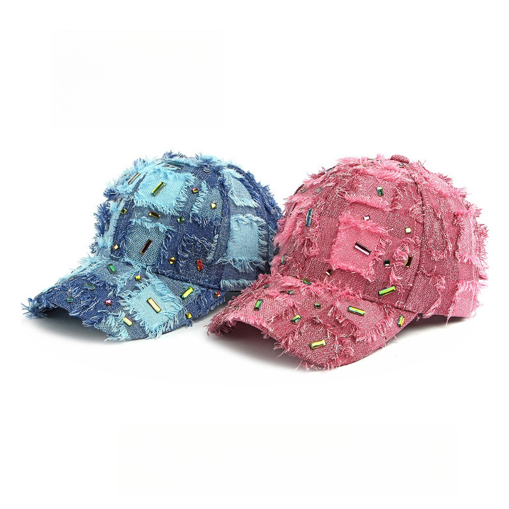 Distressed Plaid Baseball Cap Rhinestone Frayed  N6G210