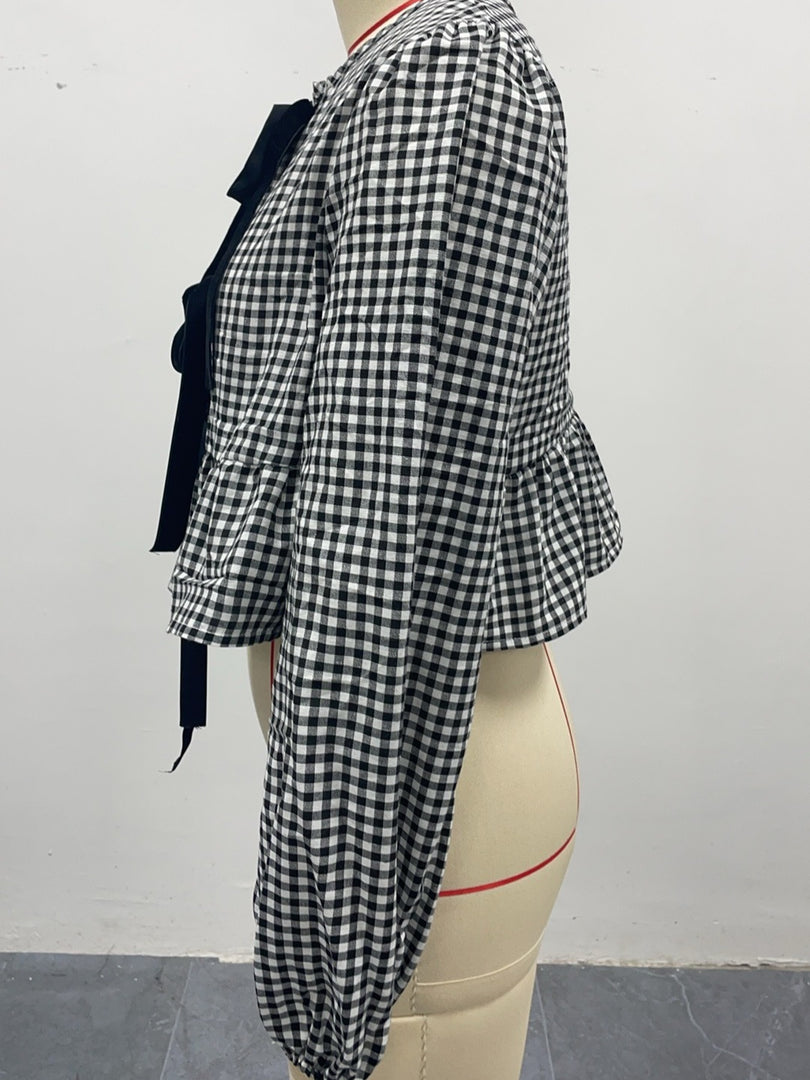 Gingham Bow Tie Open Front Blouse Women N6D133