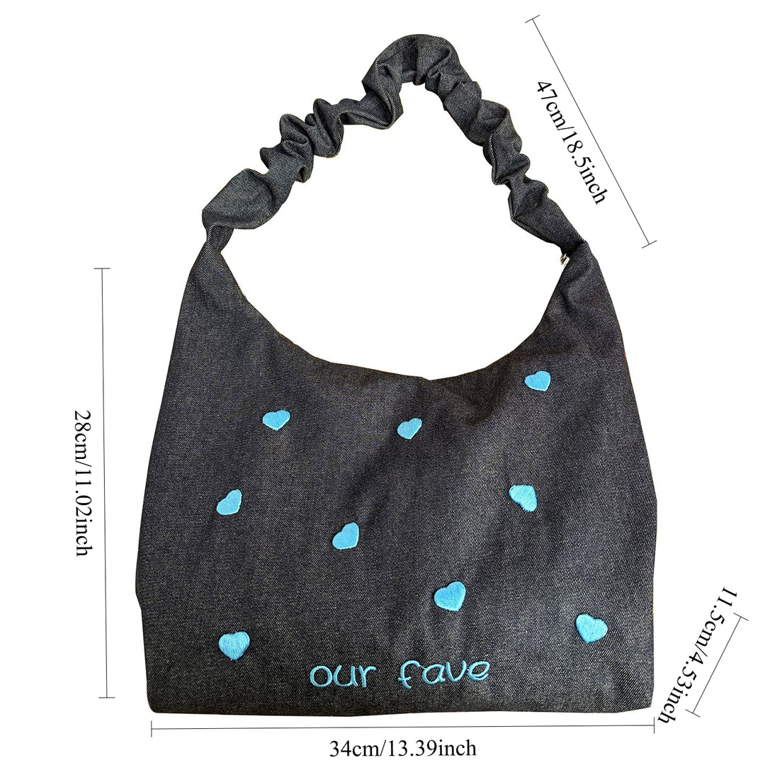 Women's Embroidered Denim Ruched Drawstring Tote Bag N6J191