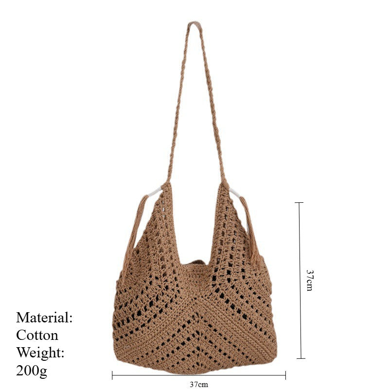 Hand Woven Openwork Cotton Shoulder Bag Underarm S5P297