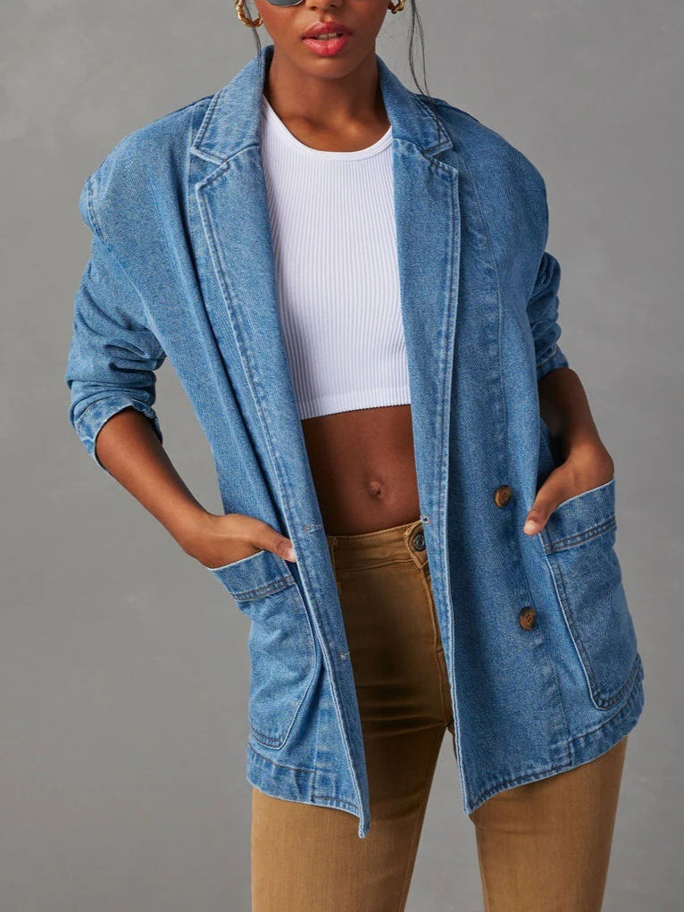 Women's Denim Blazer Jacket Casual Blue N6D066