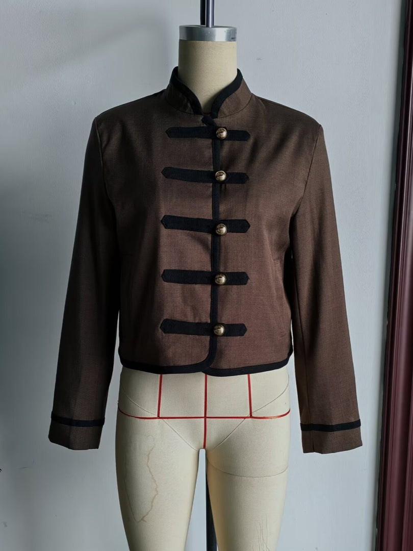 Loose Fit Knot Button Stand Collar Jacket Women N6H127