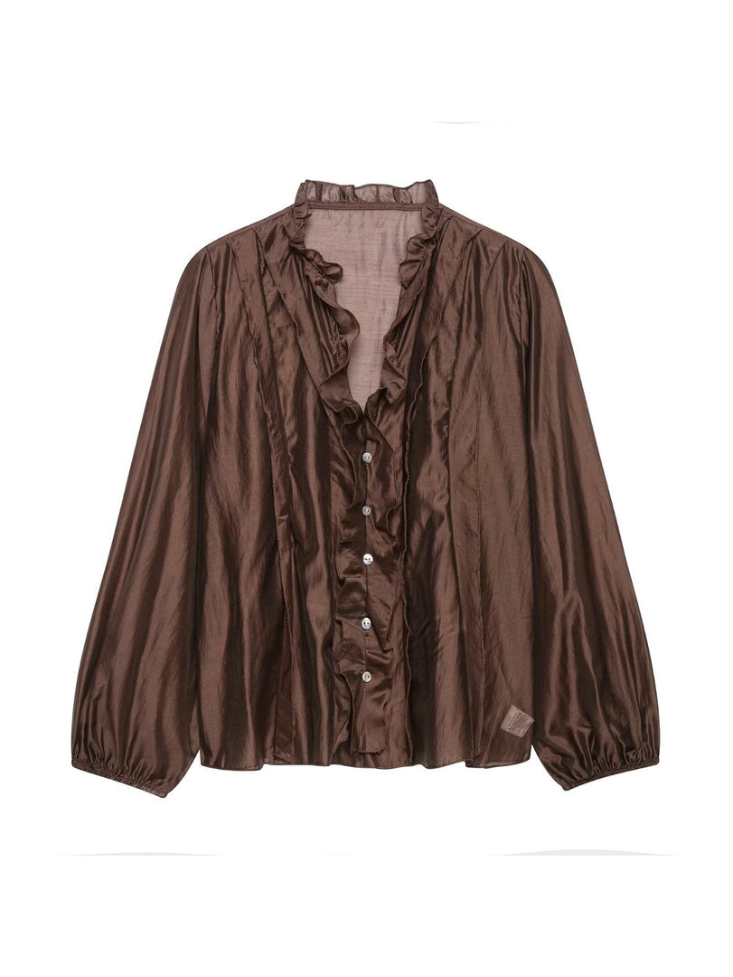 French Polka Dot V-Neck Ruffle Blouse Women N6F191