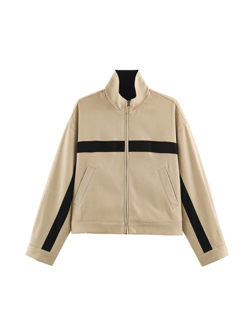Loose Colorblock Stand Collar Zip Jacket Women Khaki N6H126