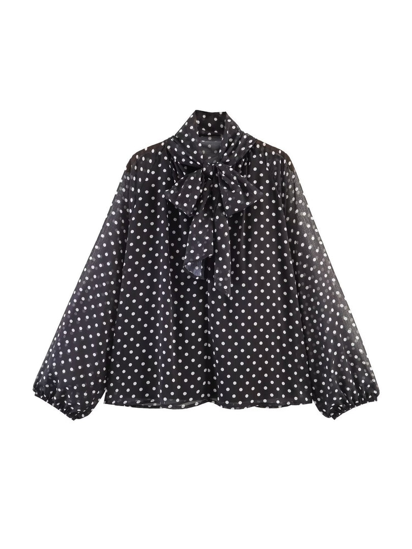 French Polka Dot Tie Front Blouse Women N6E144