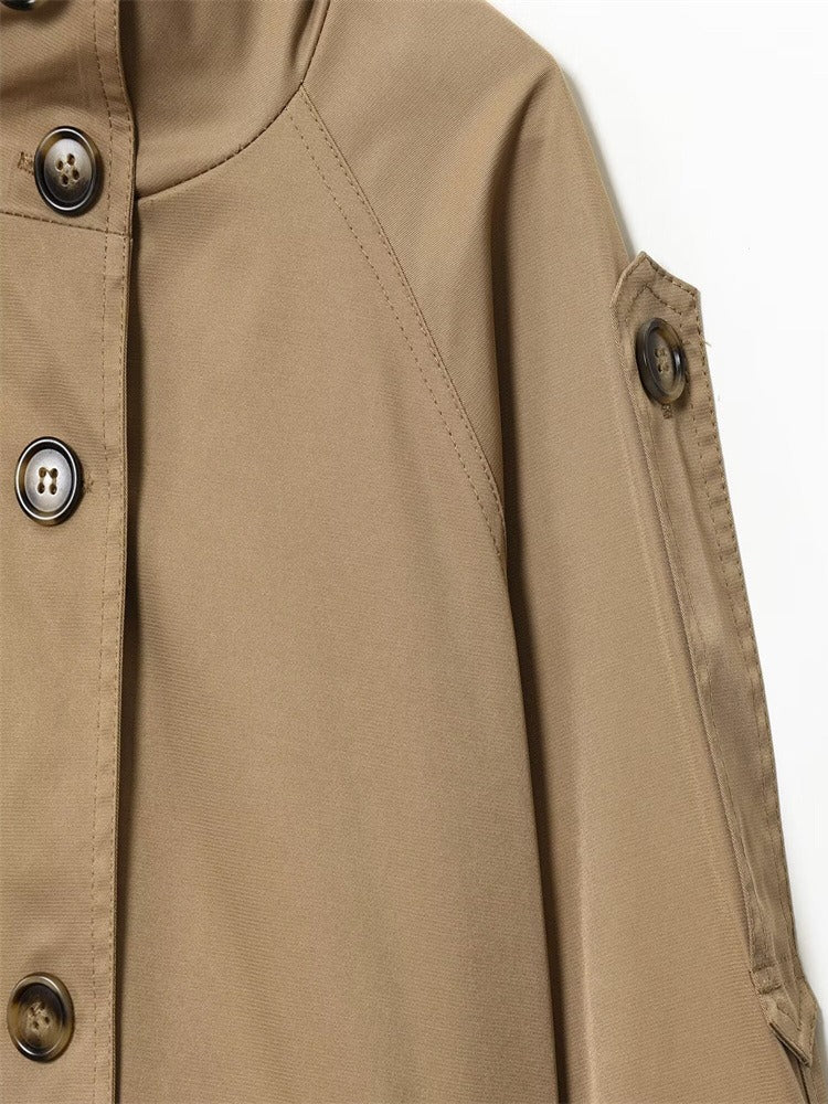 Solid Stand Collar Belted Jacket Women Long Sleeve N6G165