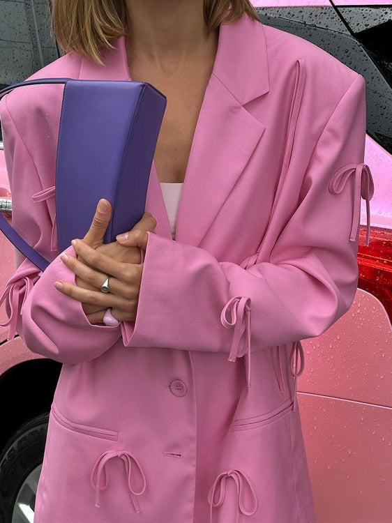 Bow Detail Pink Loose Blazer Women N6C193