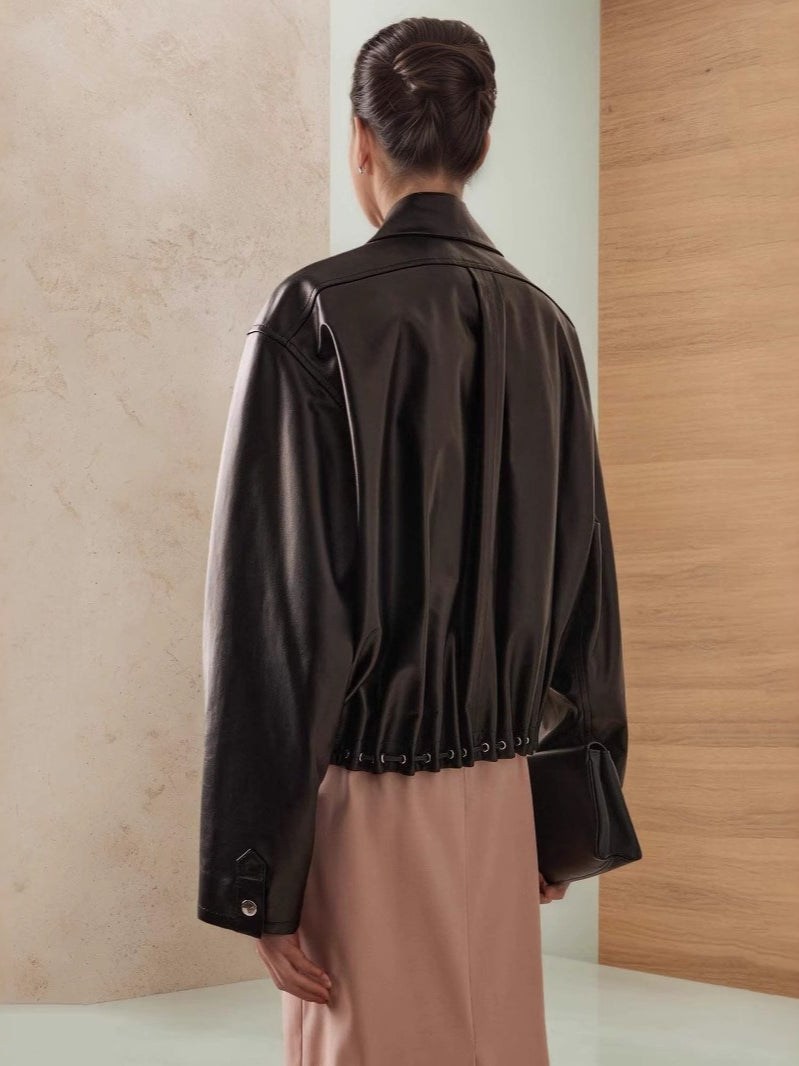 PU Leather Short Zip Jacket Women Stand Collar N6G176