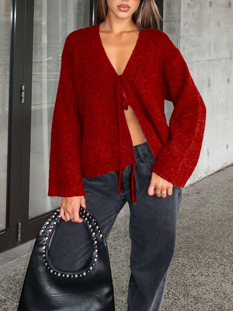 Solid Sexy V-Neck Slim Fit Hand-Tied Knit Cardigan N6G142