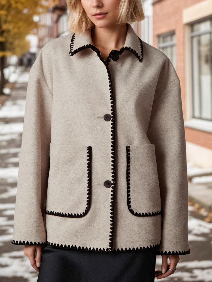 Contrast Binding Notch Crop Coat Dual Pocket  Apricot N5Z621