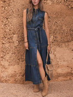 Load image into Gallery viewer, Blue Sleeveless Tie Waist Denim Style Maxi Dress N6F086
