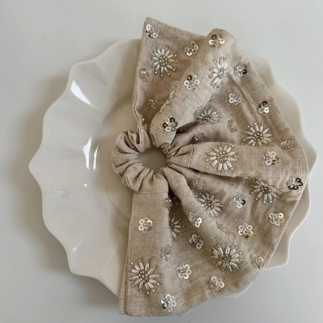 Linen Handmade Sequin Beaded Square Scrunchie N6F139