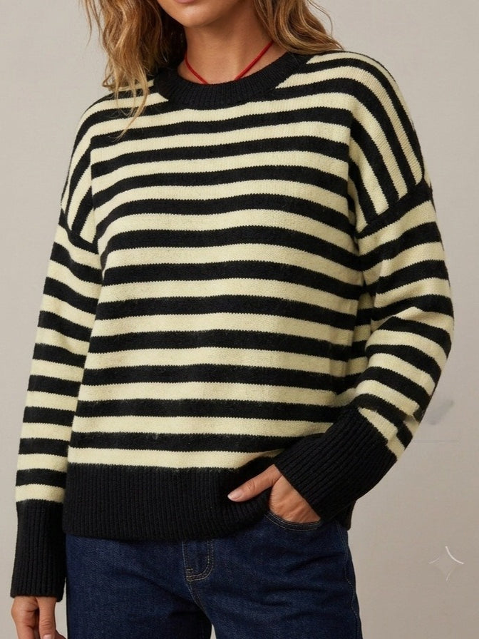 Casual Color Block Stripe Knit Pullover Women N6G187