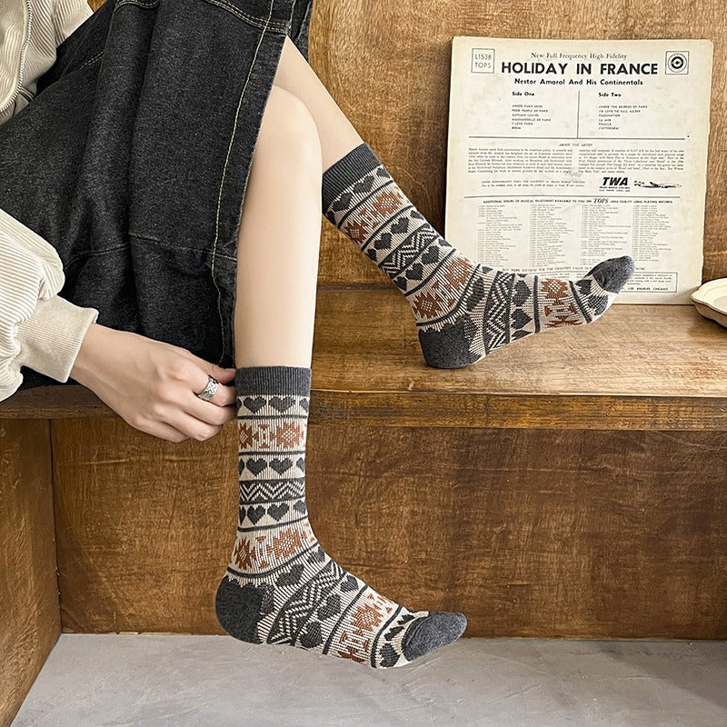 Vintage Ethnic Double Needle Thick Mid-Calf Socks N6H034