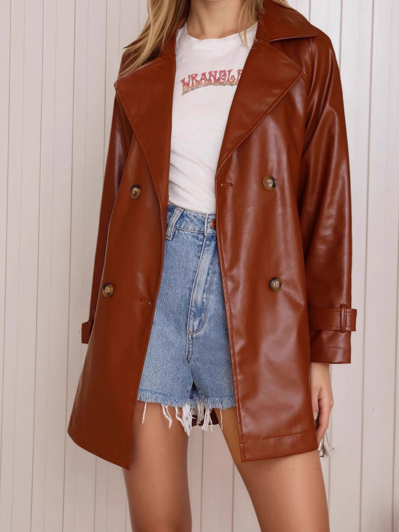 Maroon PU Leather Midi Jacket Women Fashion Coat N5A092
