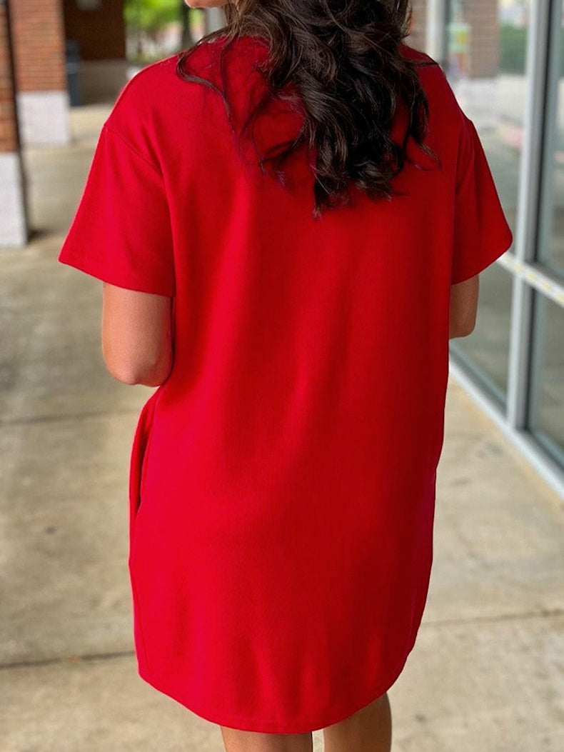 Red Butterfly Print Round Neck T-shirt Dress Women N6C336