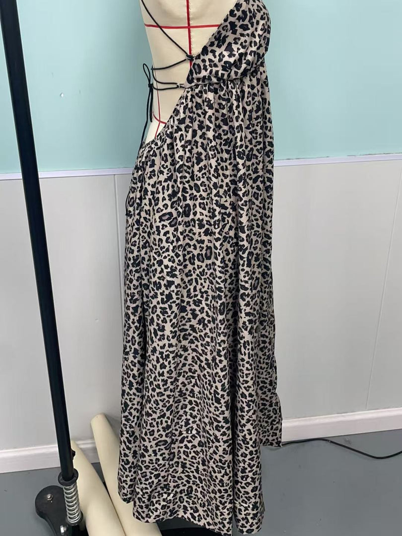 Leopard Print Backless Tie Detail Slip Dress Women N6D213