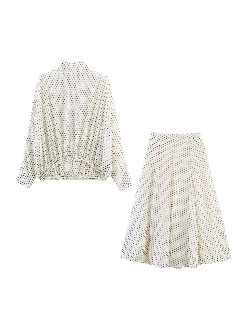 Polka Dot Chiffon Bow Tie Shirt and Skirt Set N6E173