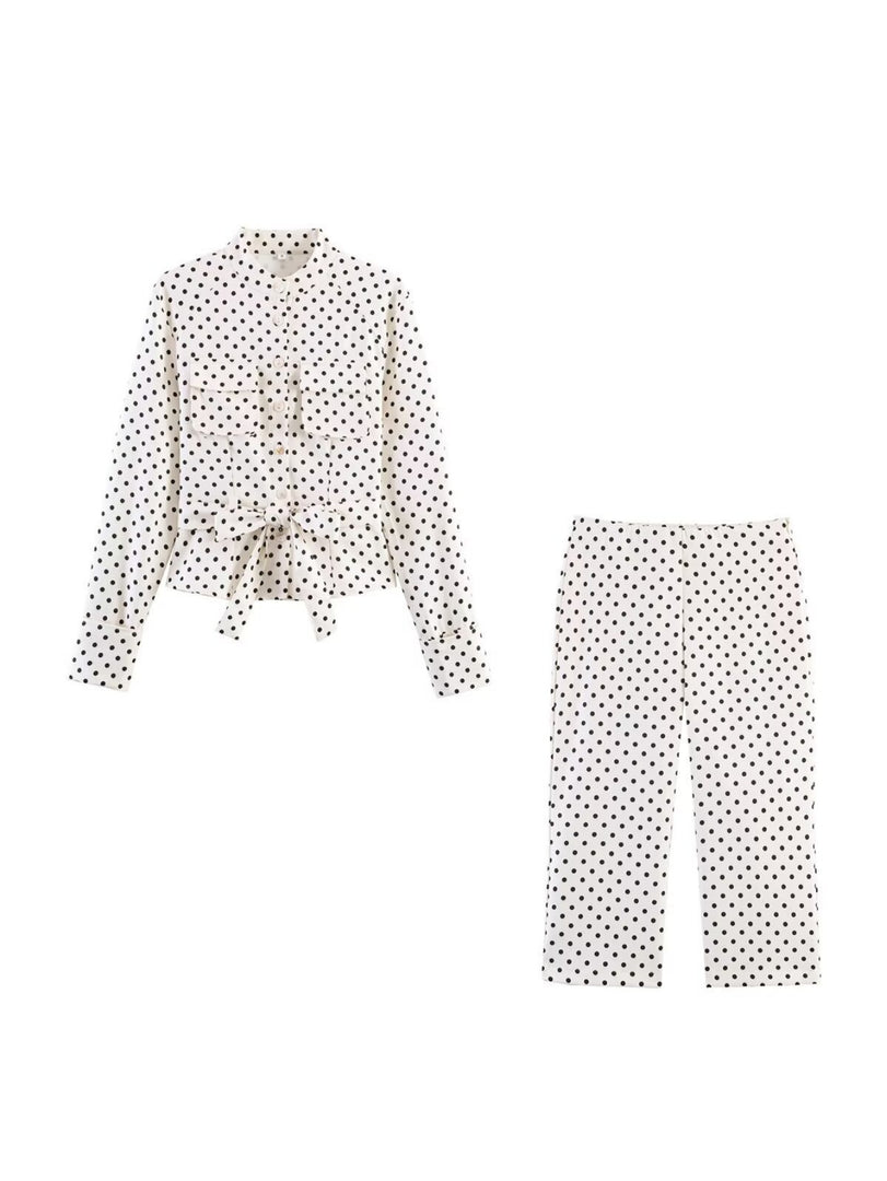 Polka Dot Tie Neck Set Women N6D127