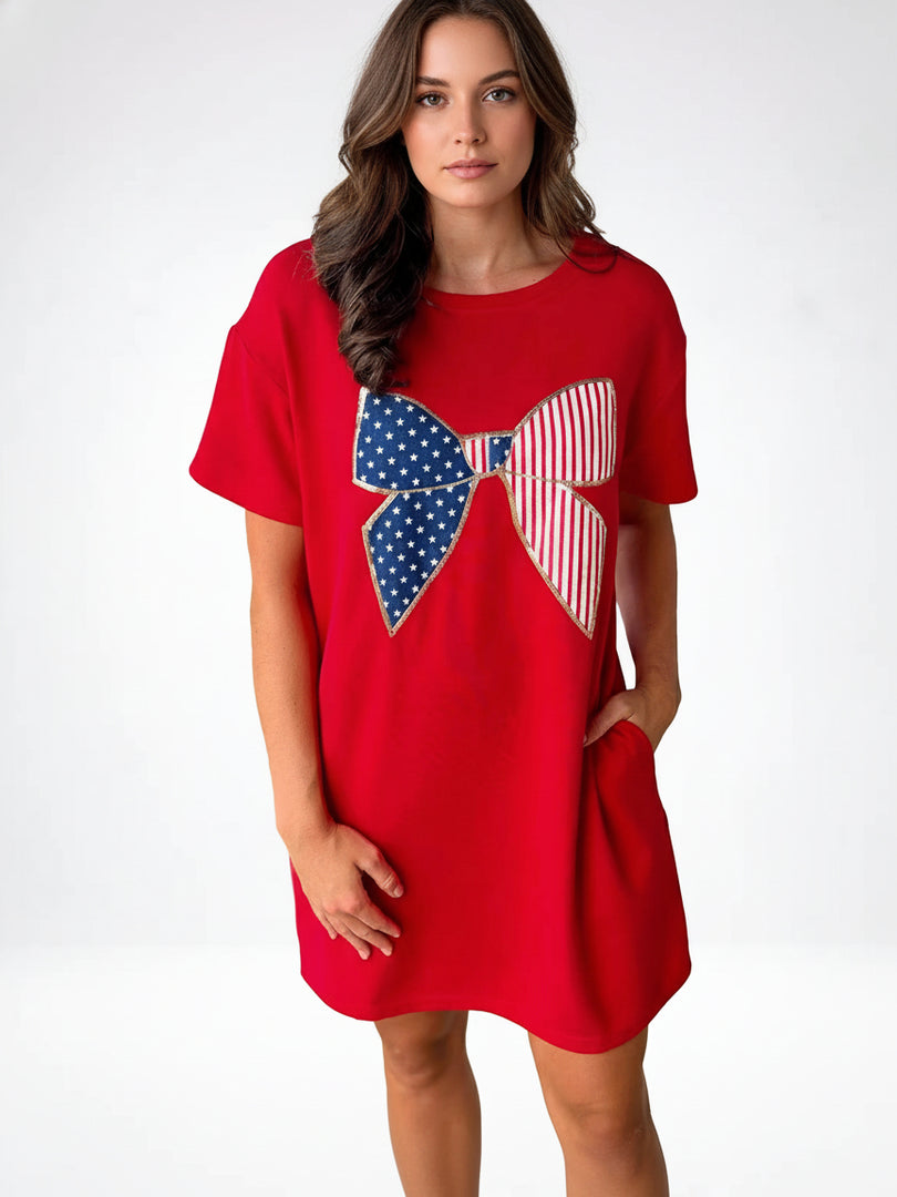 Red Butterfly Print Round Neck T-shirt Dress Women N6C336