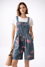 Load image into Gallery viewer, Floral Print Denim Jumpsuit Shorts Women N6C235