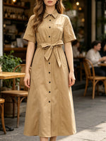 Load image into Gallery viewer, Khaki Short Sleeve Belted Shirt Dress Women N6F230