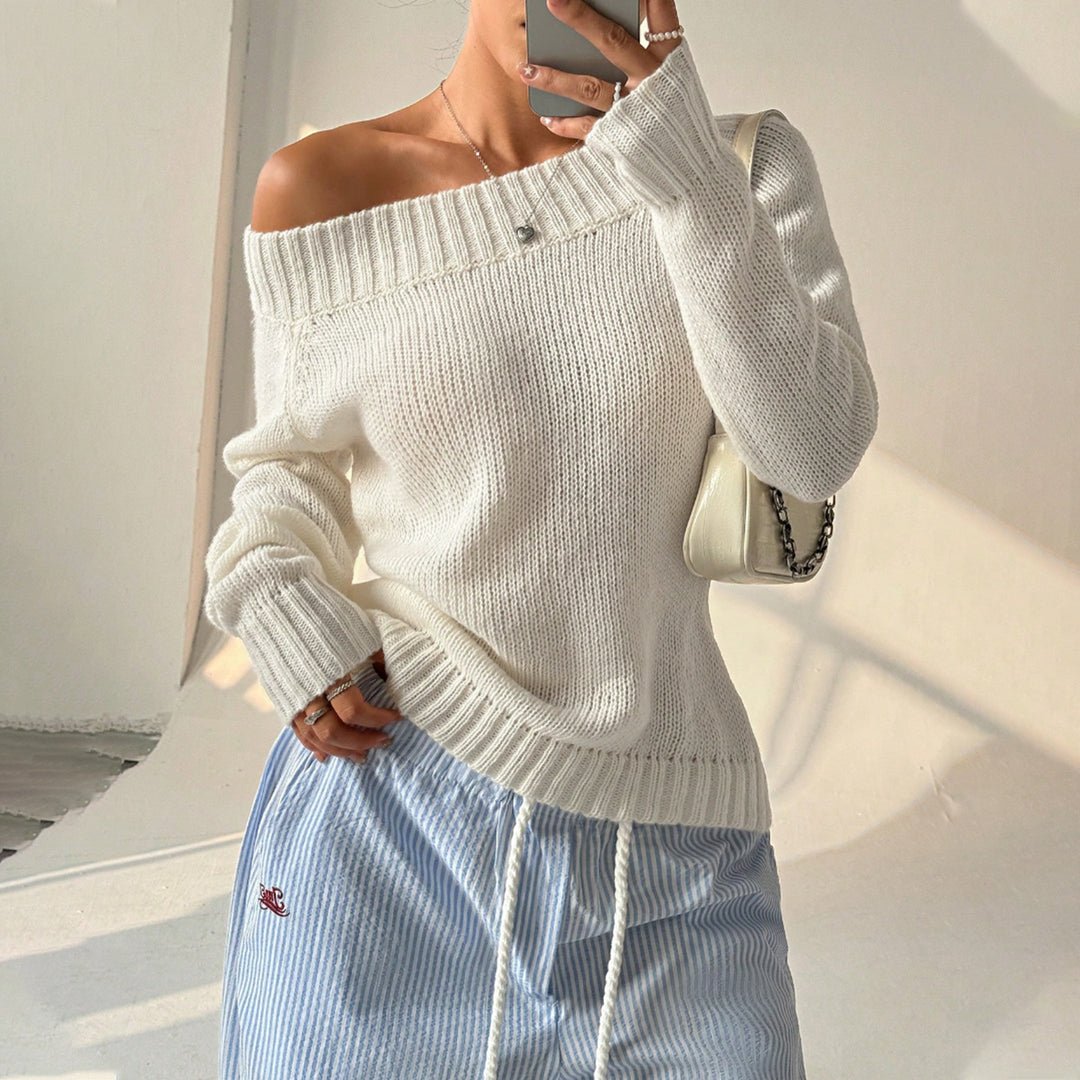 Off Shoulder Crew Knit Lightweight White N5Z679
