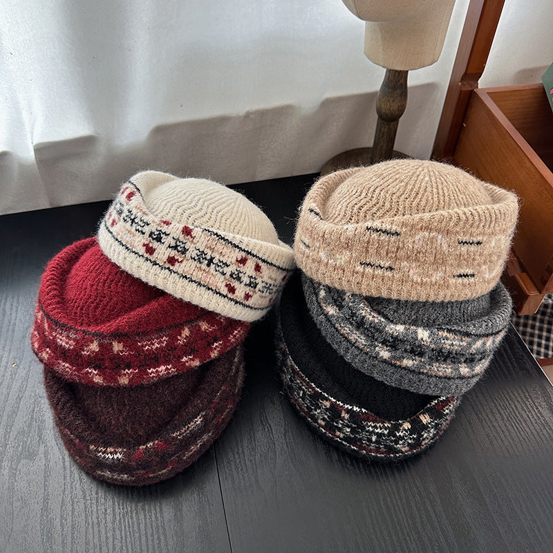Fair Isle Jacquard Pillbox Hat Knit Cap Women N6G211