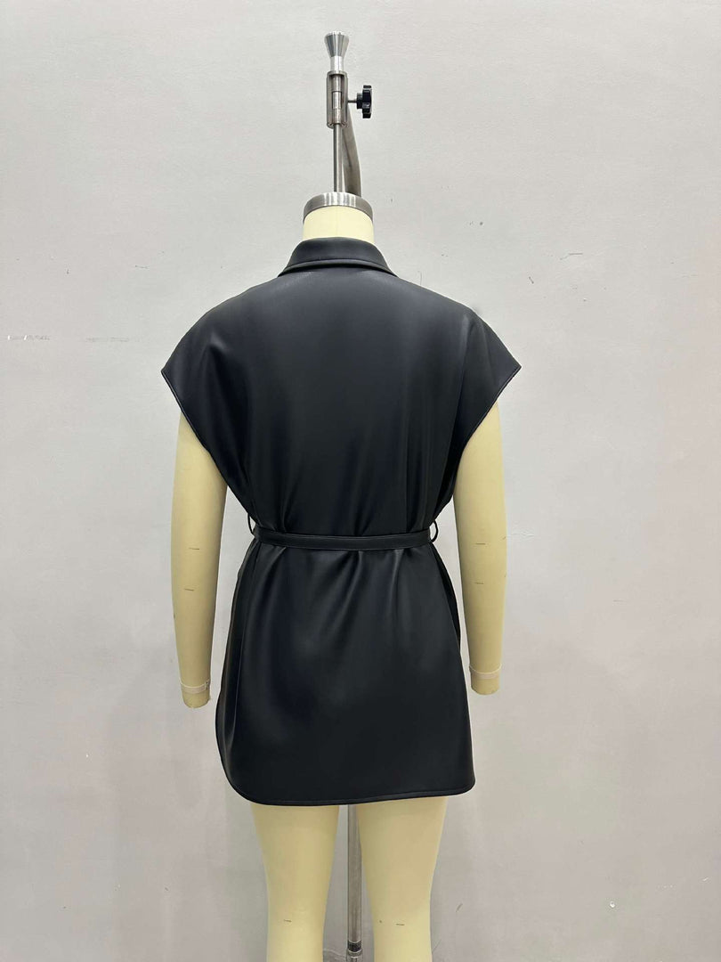 Sleeveless PU Vest Notch Lapel Belted Women N6G173