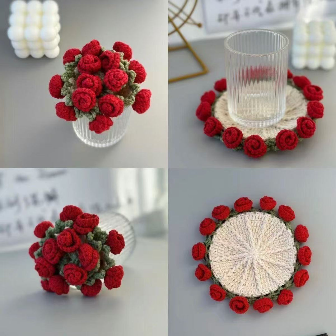 Handmade Rose Bouquet Coaster Crochet Cotton Round N6G049
