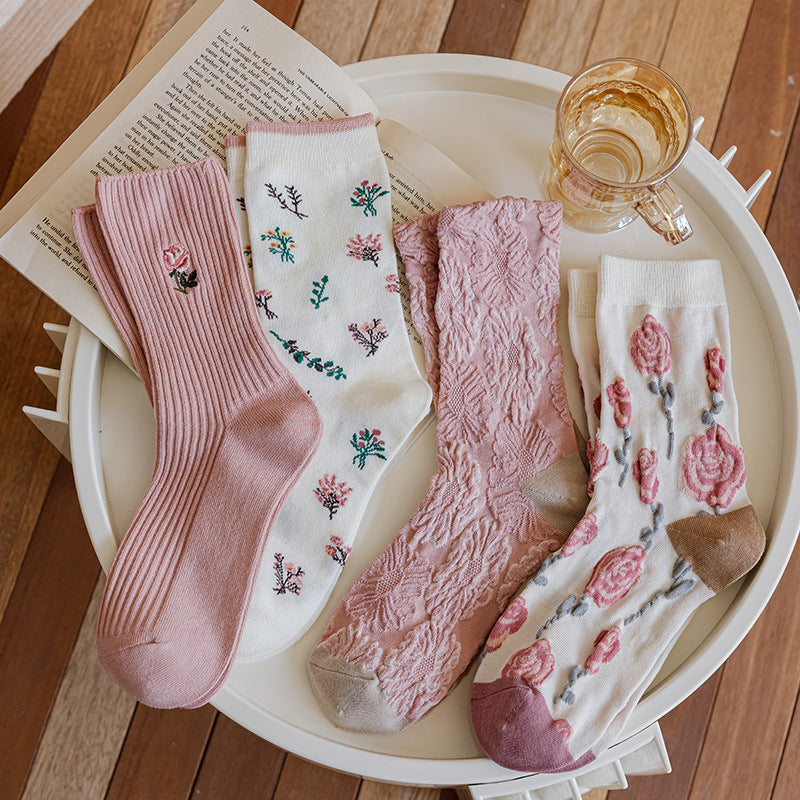 Rose Embossed Floral Embroidery Mid-Calf Stack Socks N6H014