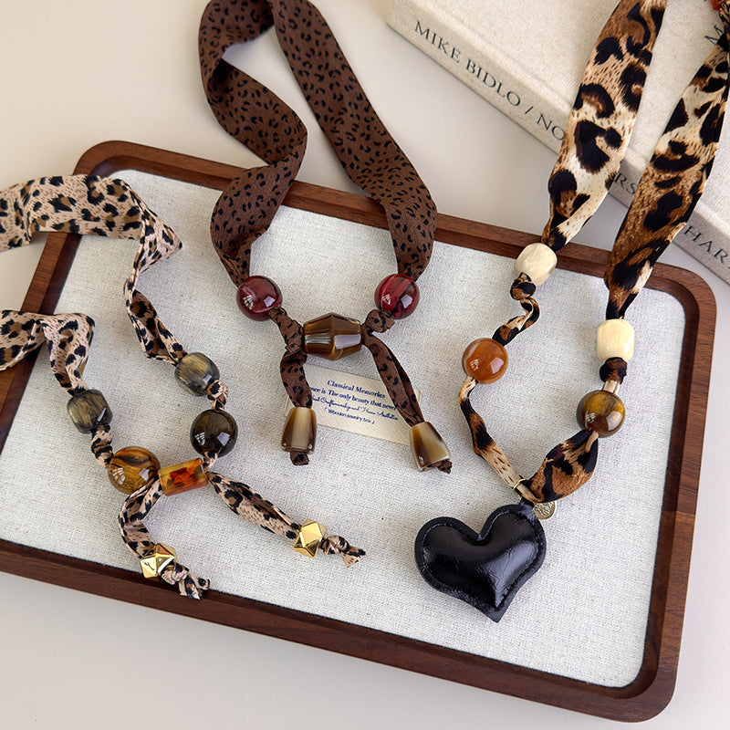 Womens Brown Leopard Print Beaded Scarf Necklace N6K278