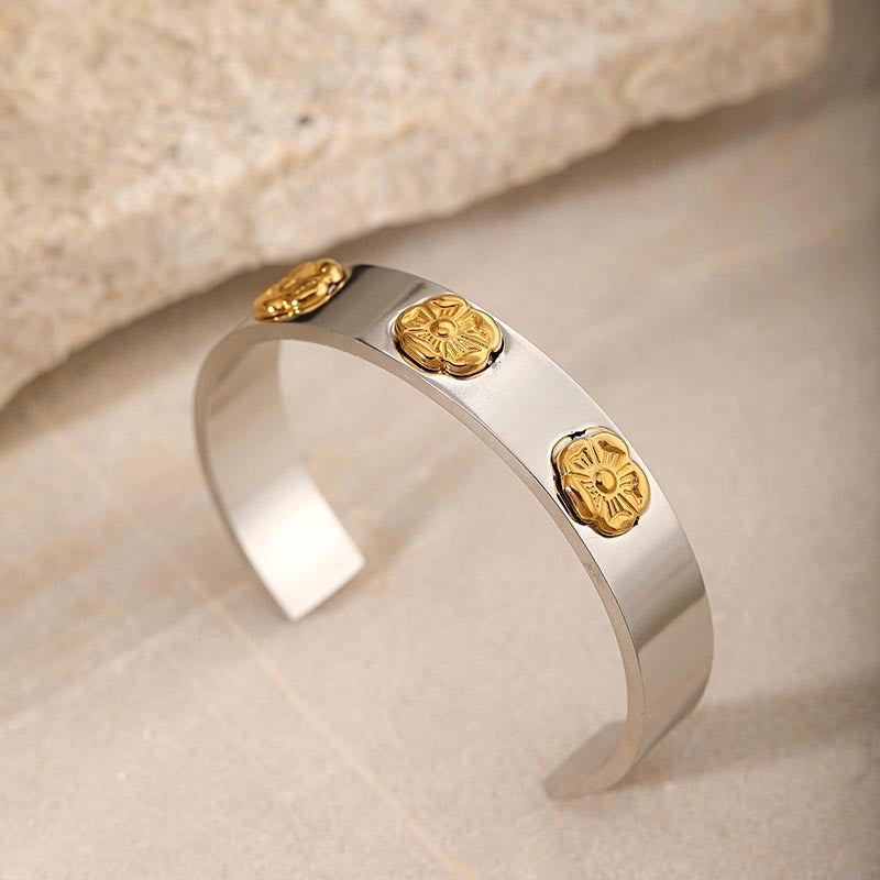 Floral Open Cuff Steel Silver-Plated Sculptural S5P086